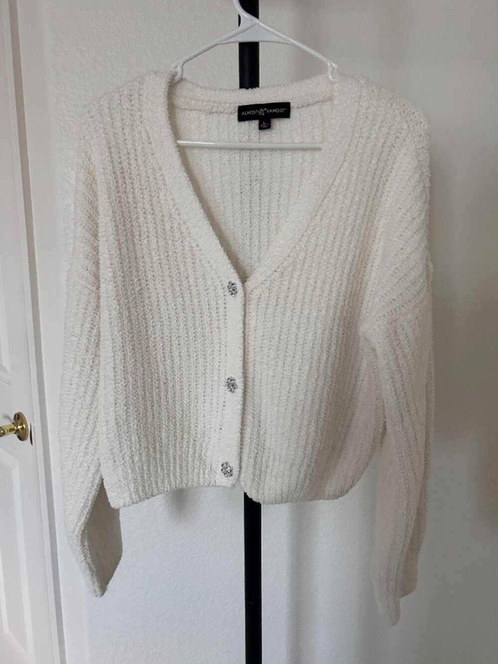 fluffy white cardigan